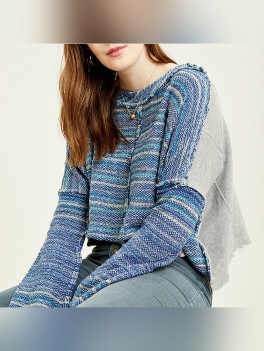 Free People Oversized Cropped Catalina Pullover Blue Multi-Stripe Knit Top Large